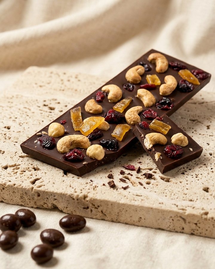 Barra de chocolate amargo Araya con castañas de cajú, arándanos y naranja confitada sobre travertino