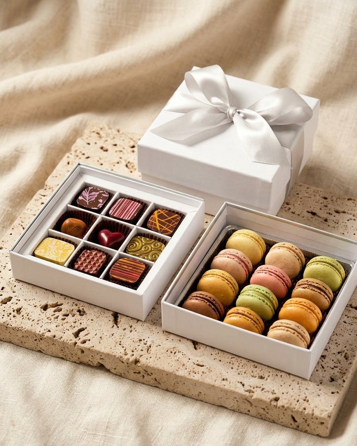 Caja combinada Araya con bandeja de bombones y bandeja de macarons