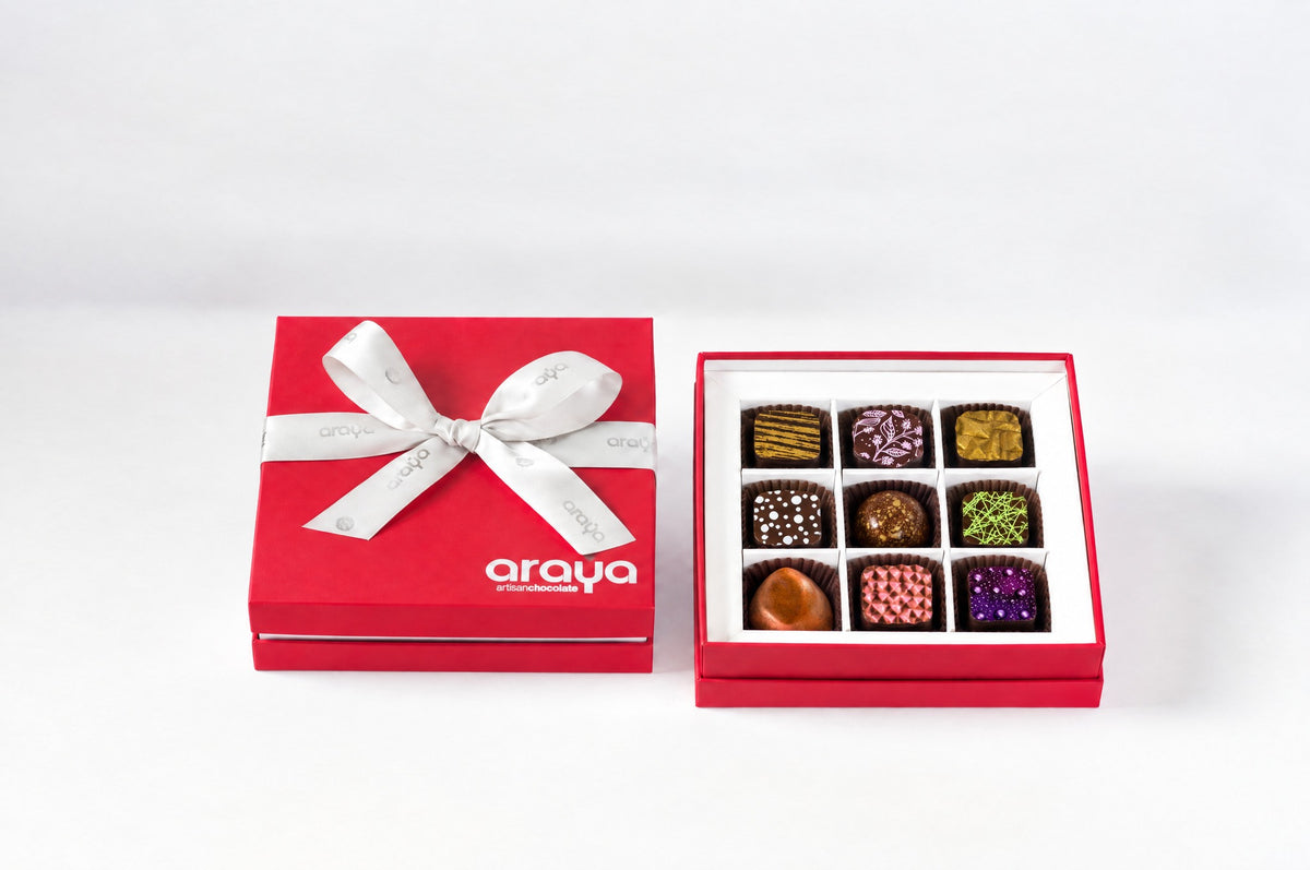 Diwali Collection, open red gift box with nine chocolates from this collection