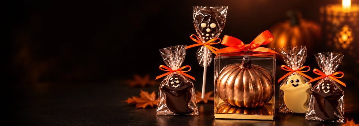 Chocolates de Halloween de Araya: fantasmas en bolsitas con lazo naranja, paleta y calabaza de chocolate en caja